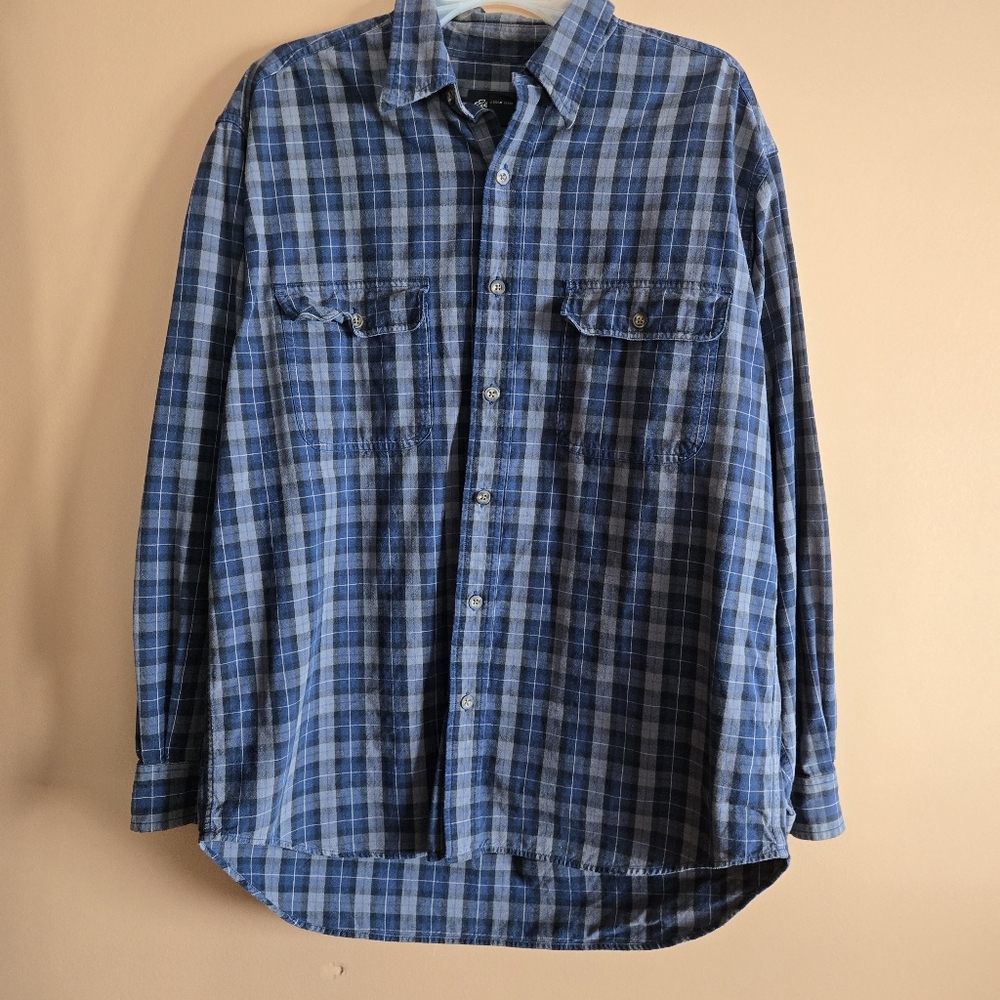 Eddie Bauer Blue Gray Plaid Button Down PTP=23.5"
